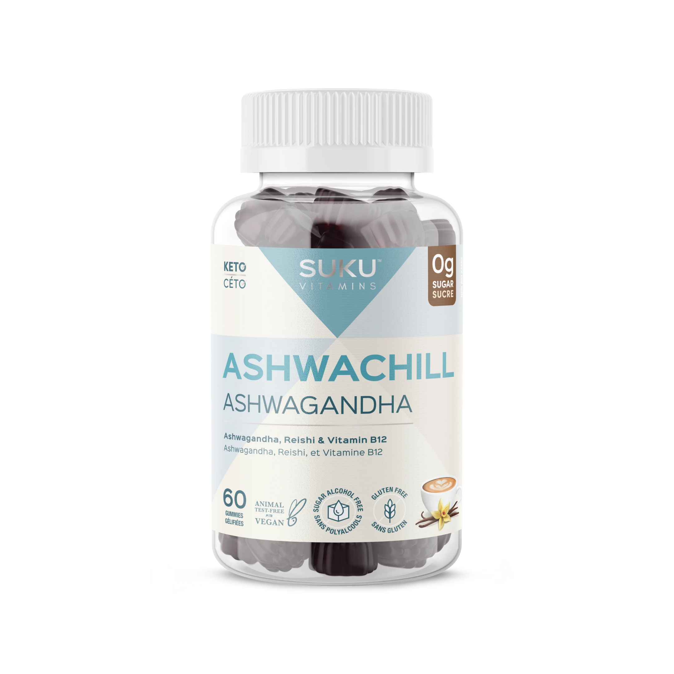 SUKU ASHWACHILL bottle with 60 vegan gummies, featuring ashwagandha, reishi, and Vitamin B12, vanilla cappuccino flavor, promoting energy metabolism and immune support.