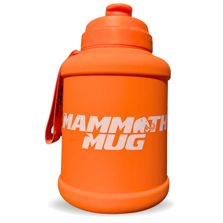 Mammoth Mug 2.5L plastic water bottle with a secure lid, designed for fitness enthusiasts seeking hydration support during intense training sessions.