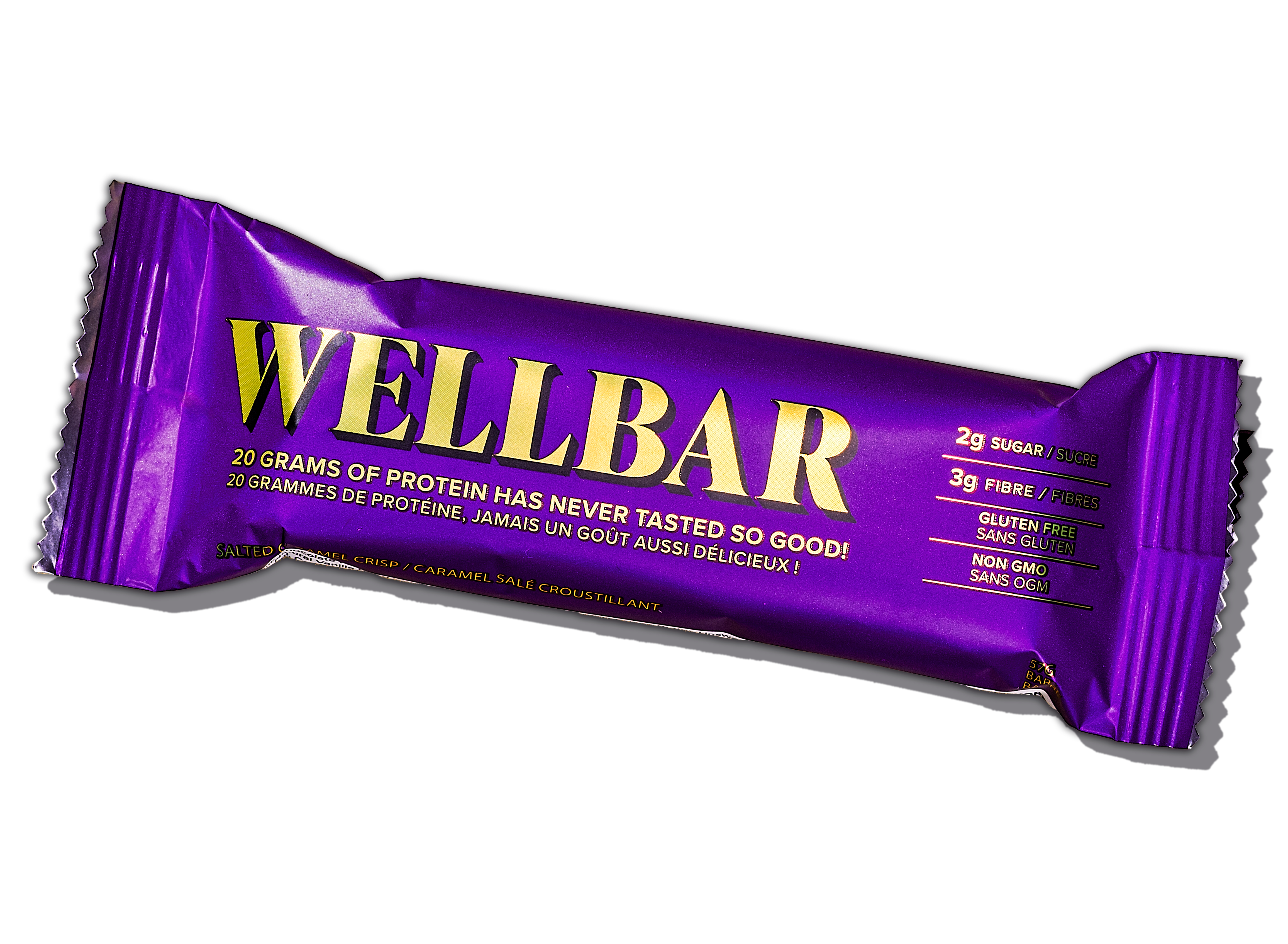WELLBAR High Protein Bar in a purple package with yellow text, designed for busy individuals seeking a nutritious, satisfying snack.