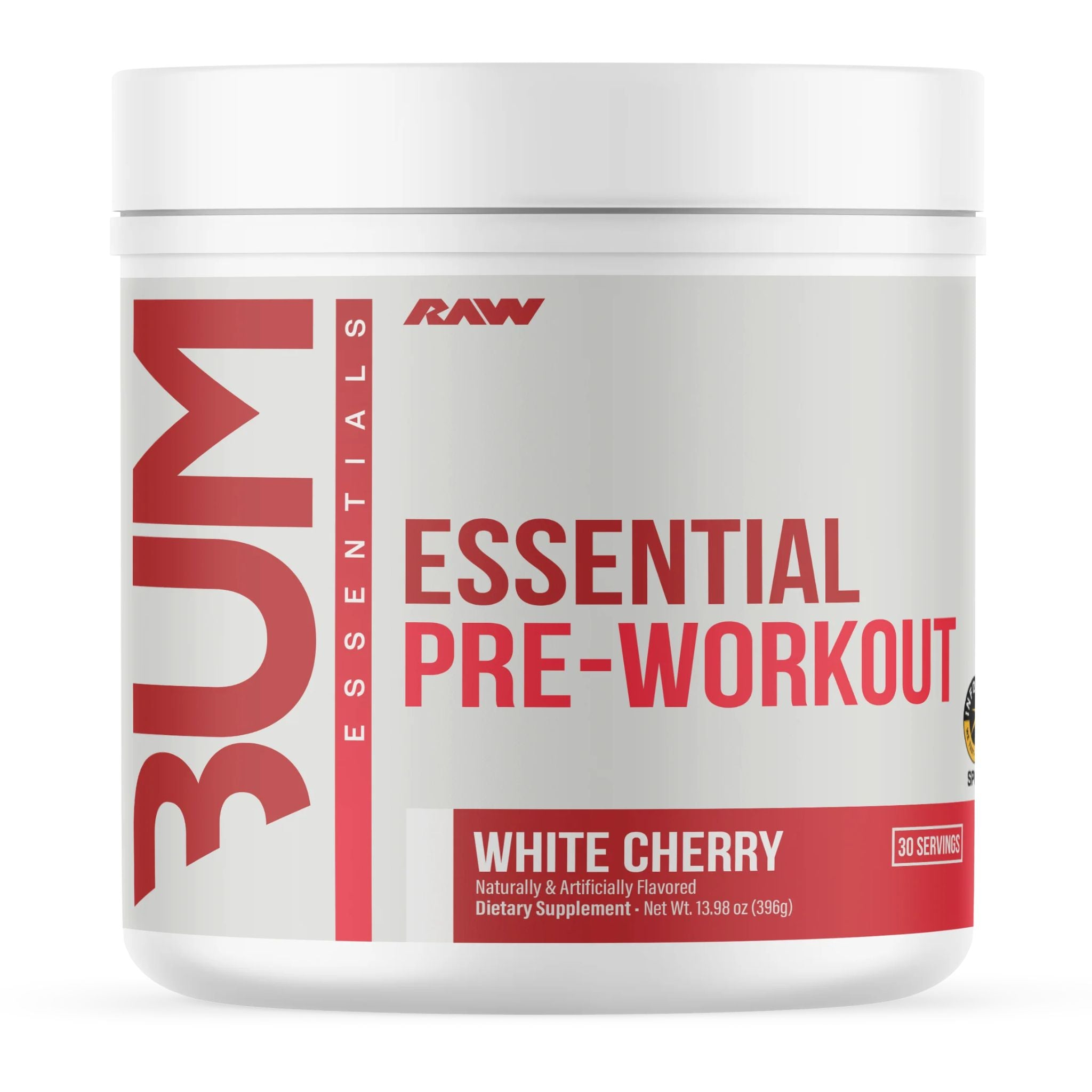 BUM Essential Pre Workout 30 Serv container with red text, designed for enhancing workout performance with ingredients like L-Citrulline, Beta Alanine, and Caffeine.