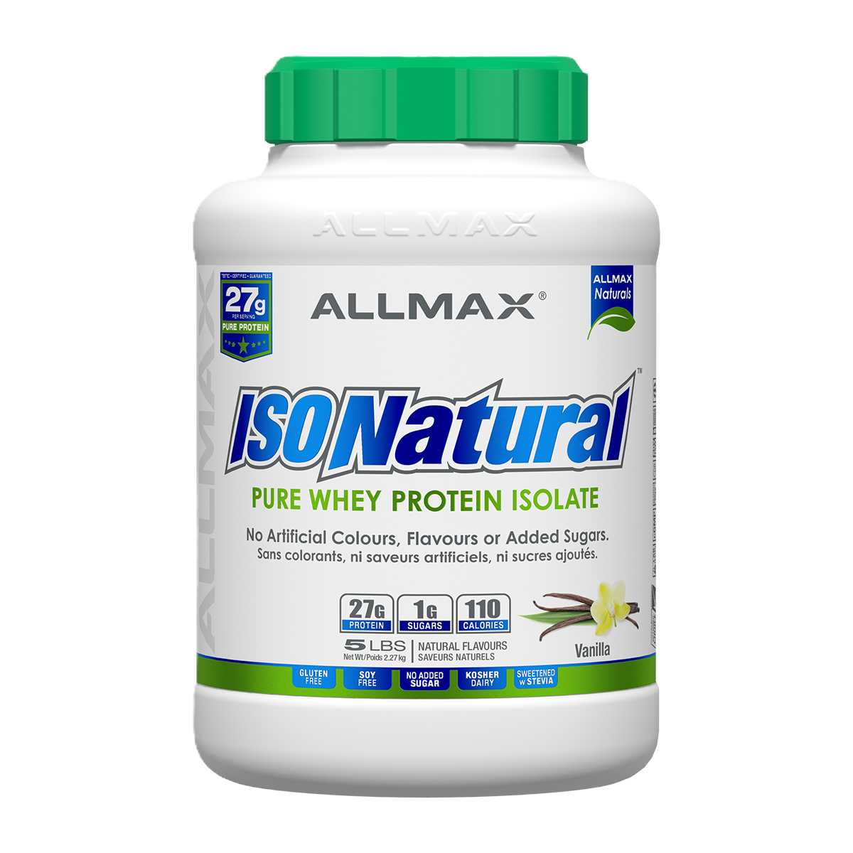 Allmax IsoNatural 5lb protein powder container with a green lid, featuring blue and green text, highlighting its natural whey protein and zero artificial sweeteners.