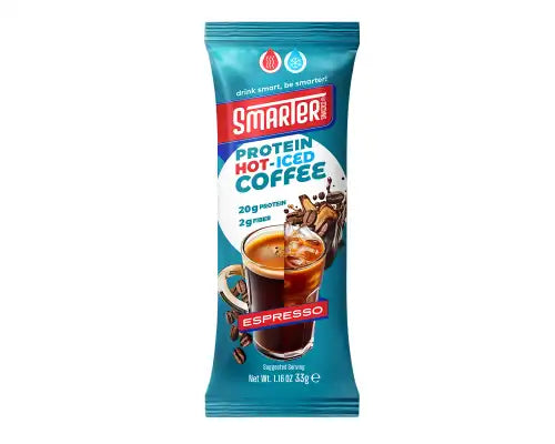 Smarter Protein Coffee bottle, promoting a high-protein, fiber-rich drink for fitness enthusiasts, available in flavors like Espresso and Mocha. Suitable hot or iced.