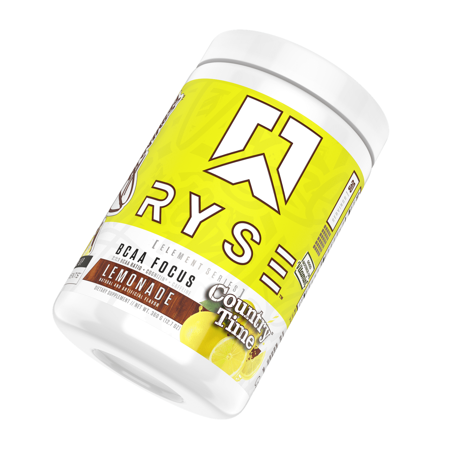 RYSE BCAA Focus 30 Servings, a white container with a yellow label, promotes hydration, focus, and muscle recovery with BCAAs, electrolytes, caffeine, and Cognizin.