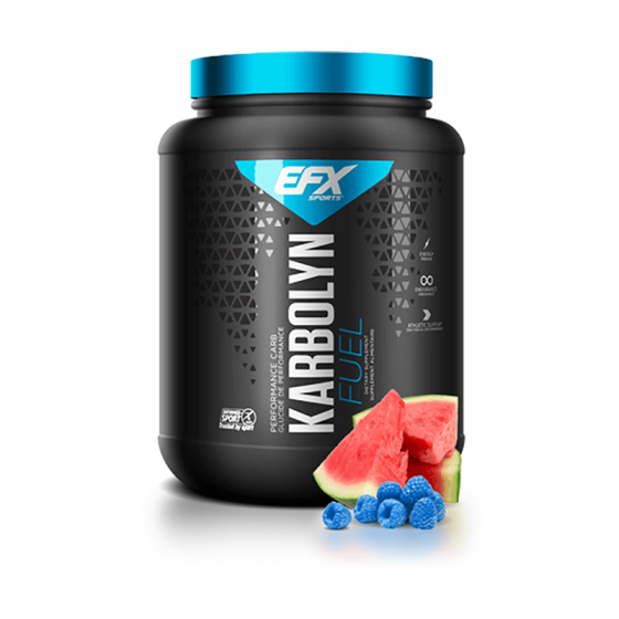 EFX Karbolyn 2lb container with blue lid, designed for athletes seeking fast-absorbing, sugar-free carbs to enhance endurance and maintain training intensity.