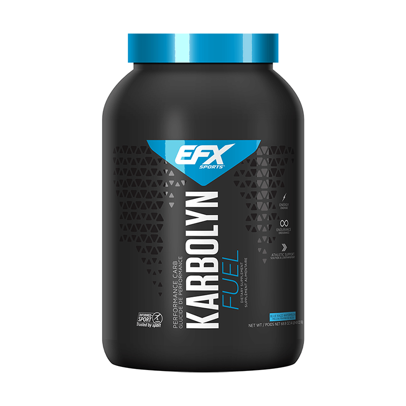 EFX Karbolyn 4lb black container with blue lid, ideal for glycogen loading. Fast-absorbing carbs enhance athletic endurance and muscle pumps, perfect for high-intensity training.