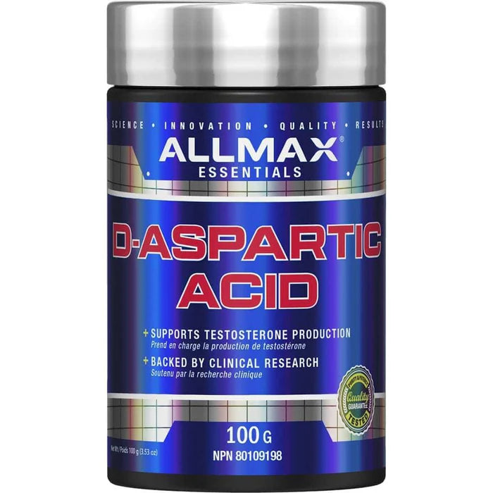 Allmax D-ASPARTIC ACID in a blue and silver container with a silver lid, providing a precise, powdered supplement to boost testosterone levels.