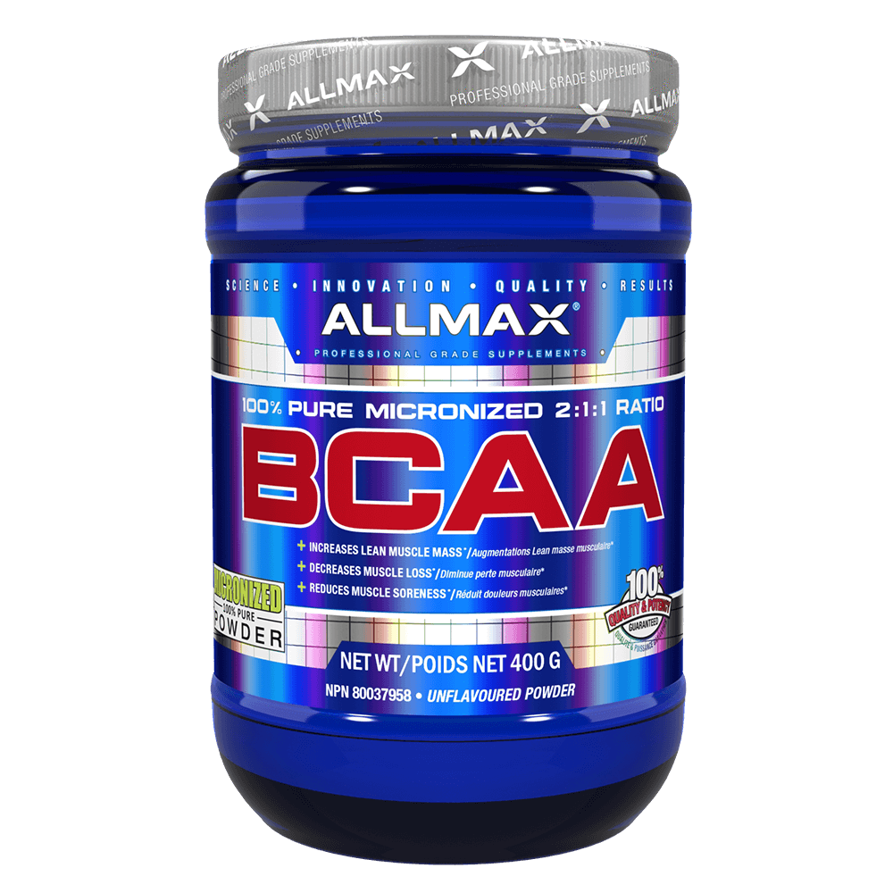 Allmax BCAA 400G jar with white label, featuring pure 2:1:1 ratio branched chain amino acids for muscle growth and recovery.