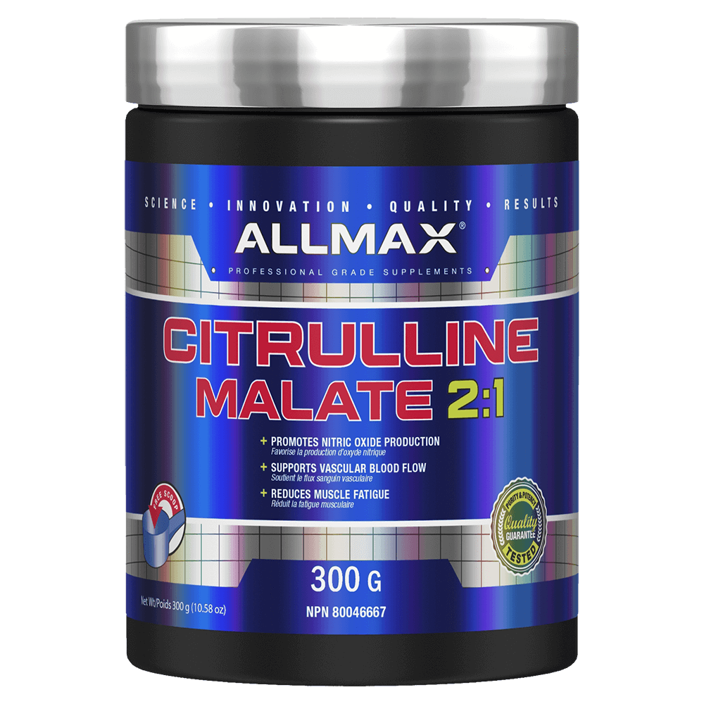 Allmax Citrulline Malate 300g in a blue container with a silver lid, designed to enhance muscular endurance and recovery, improving training intensity and vascular function.