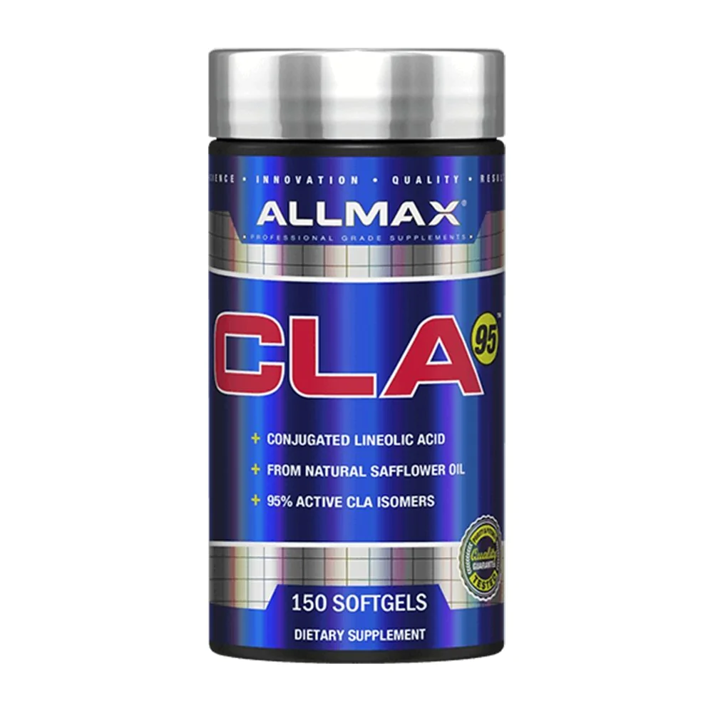 Allmax CLA 150 Softgels in a blue and silver container with a silver lid, promoting weight loss and muscle preservation.
