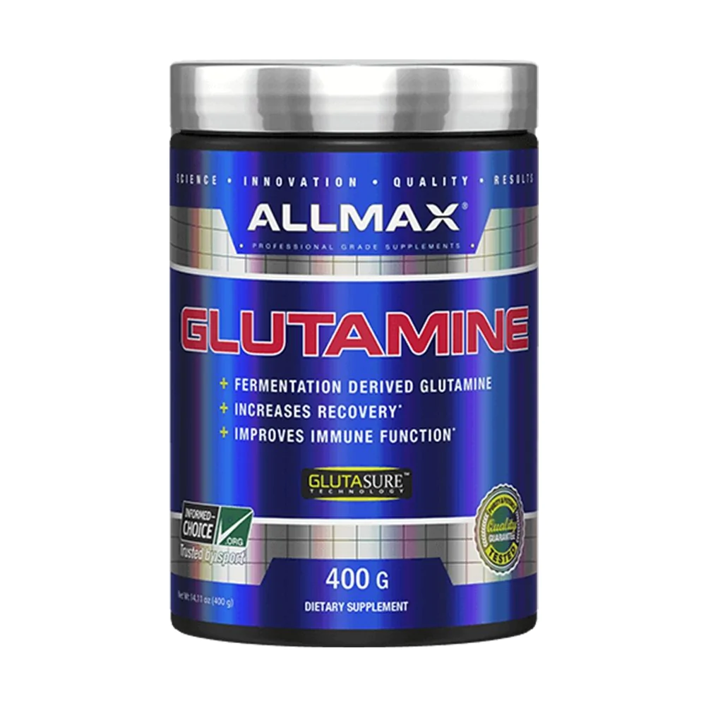 Allmax Glutamine supplement can, featuring a blue container and silver lid, supports muscle recovery and immune function post-workout.