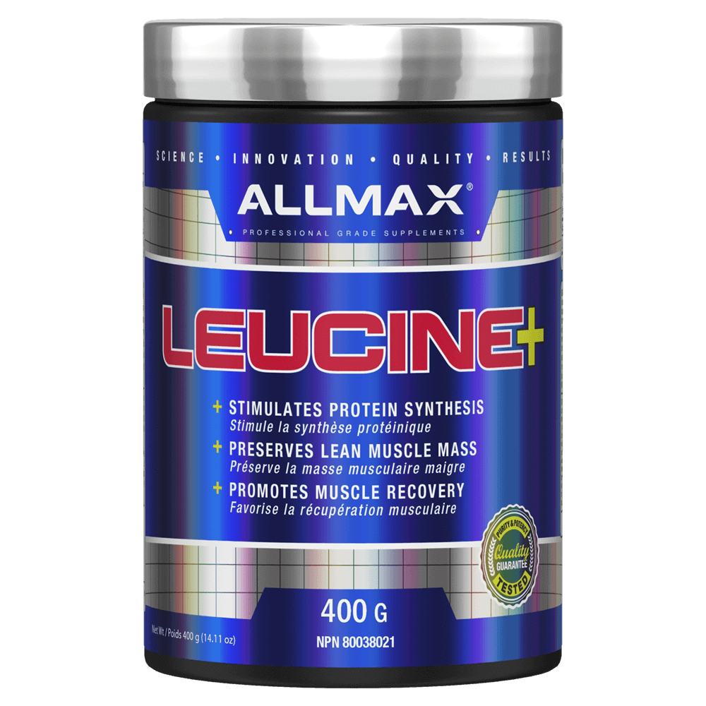 Allmax Leucine 400g container, featuring a blue and silver design with a logo, emphasizes muscle building and protein synthesis for fitness enthusiasts.