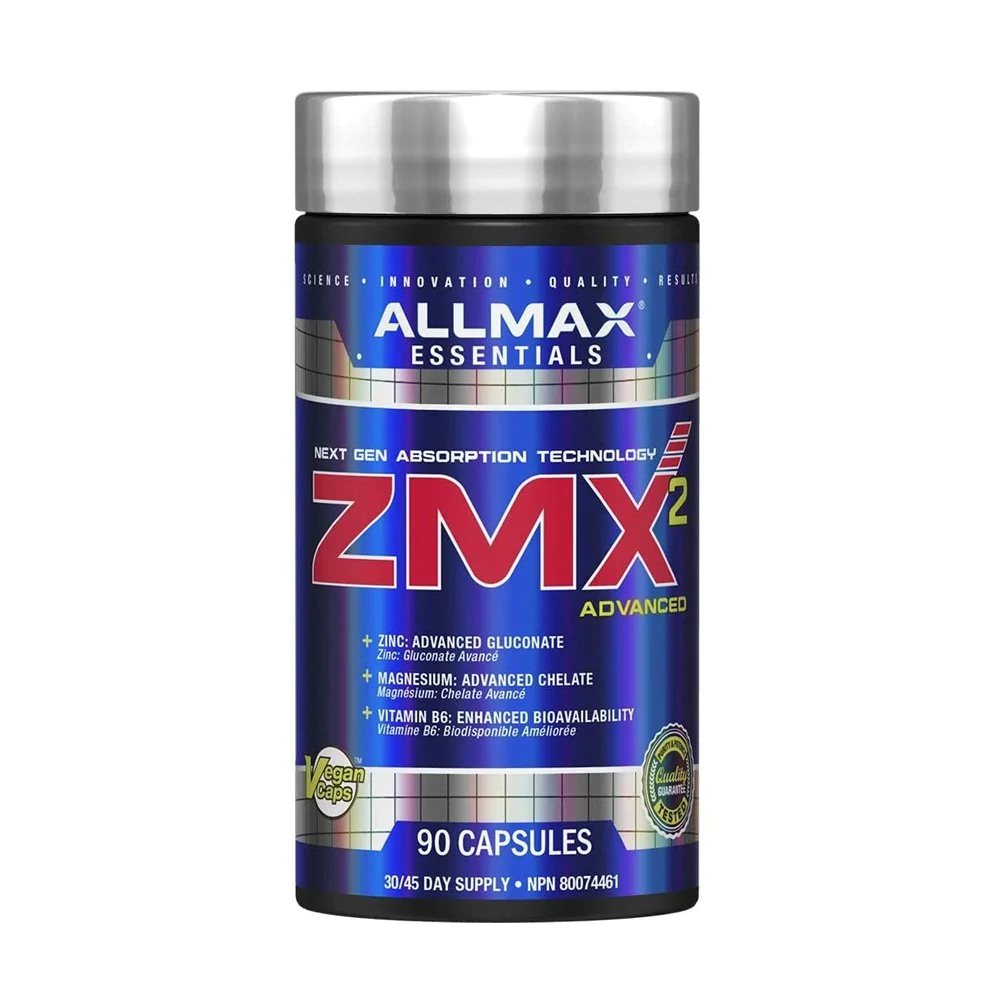 Allmax ZMX 90 caps in a blue and silver container, featuring advanced absorption technology for athletes, visible red text highlights vitamin and mineral benefits.