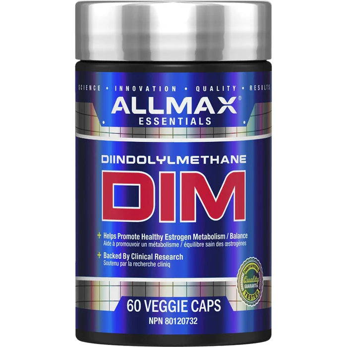 Allmax DIM supplement bottle with silver lid, designed for hormonal balance and digestion support, popular among fitness enthusiasts for health and wellness.