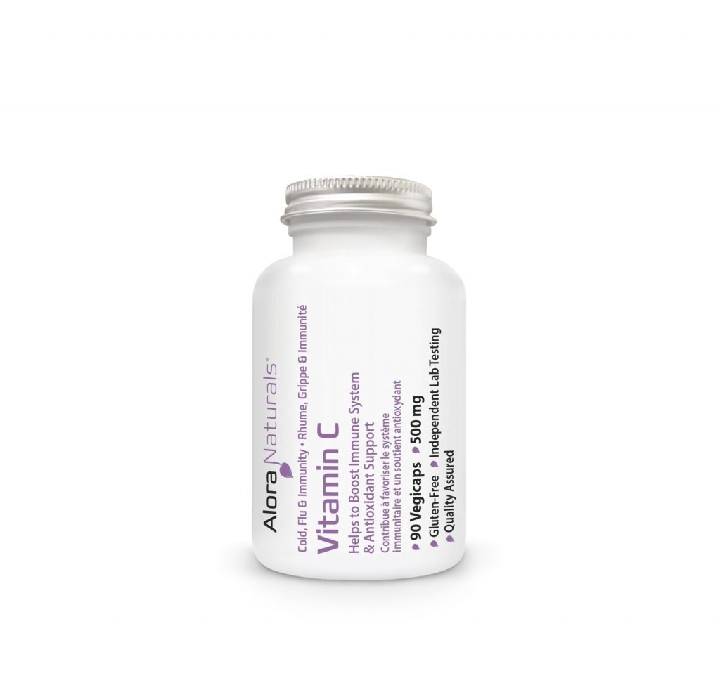 Alora Naturals Vitamin C 90 Cap bottle, featuring purple text, contains 500 mg capsules supporting immune health, collagen formation, and blood pressure regulation.