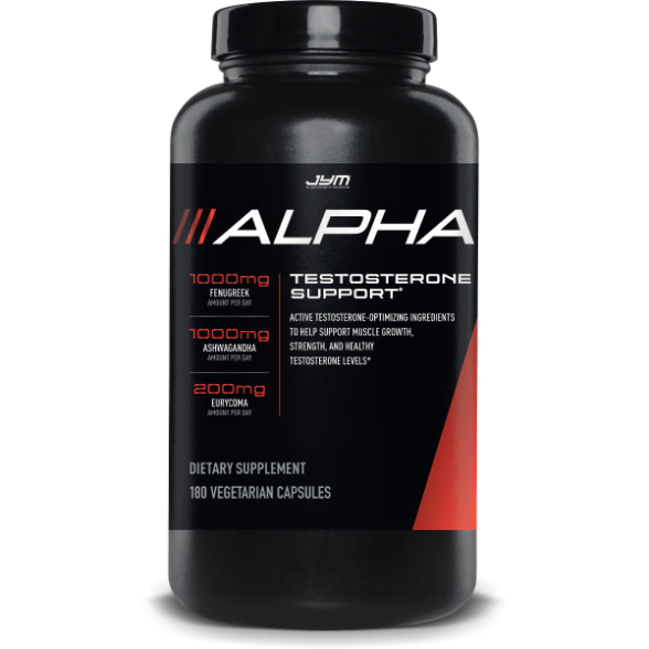 Alpha JYM Testosterone Support bottle featuring a red label and white text, designed to promote natural testosterone production and enhance muscle growth.