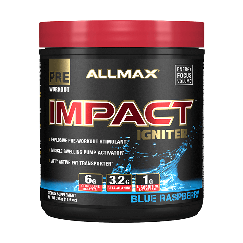 Allmax Impact Igniter Extreme pre-workout in a black container with red lid, designed for intense training and superior results.