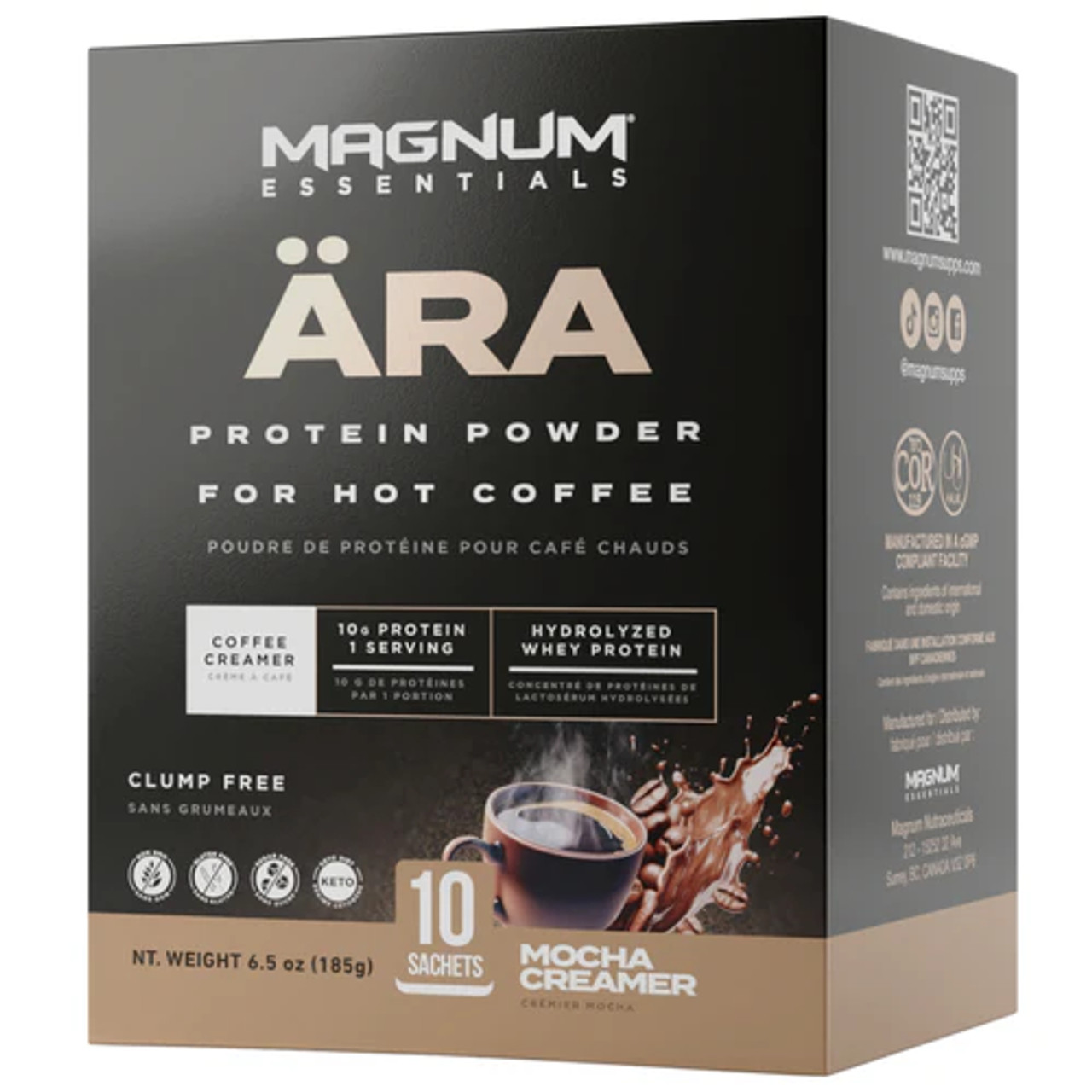 Magnum ARA Creamer (10 Pack) box with a cup of coffee, offering 10g hydrolyzed whey protein, perfect for enhancing hot beverages with a creamy, sugar-free boost.
