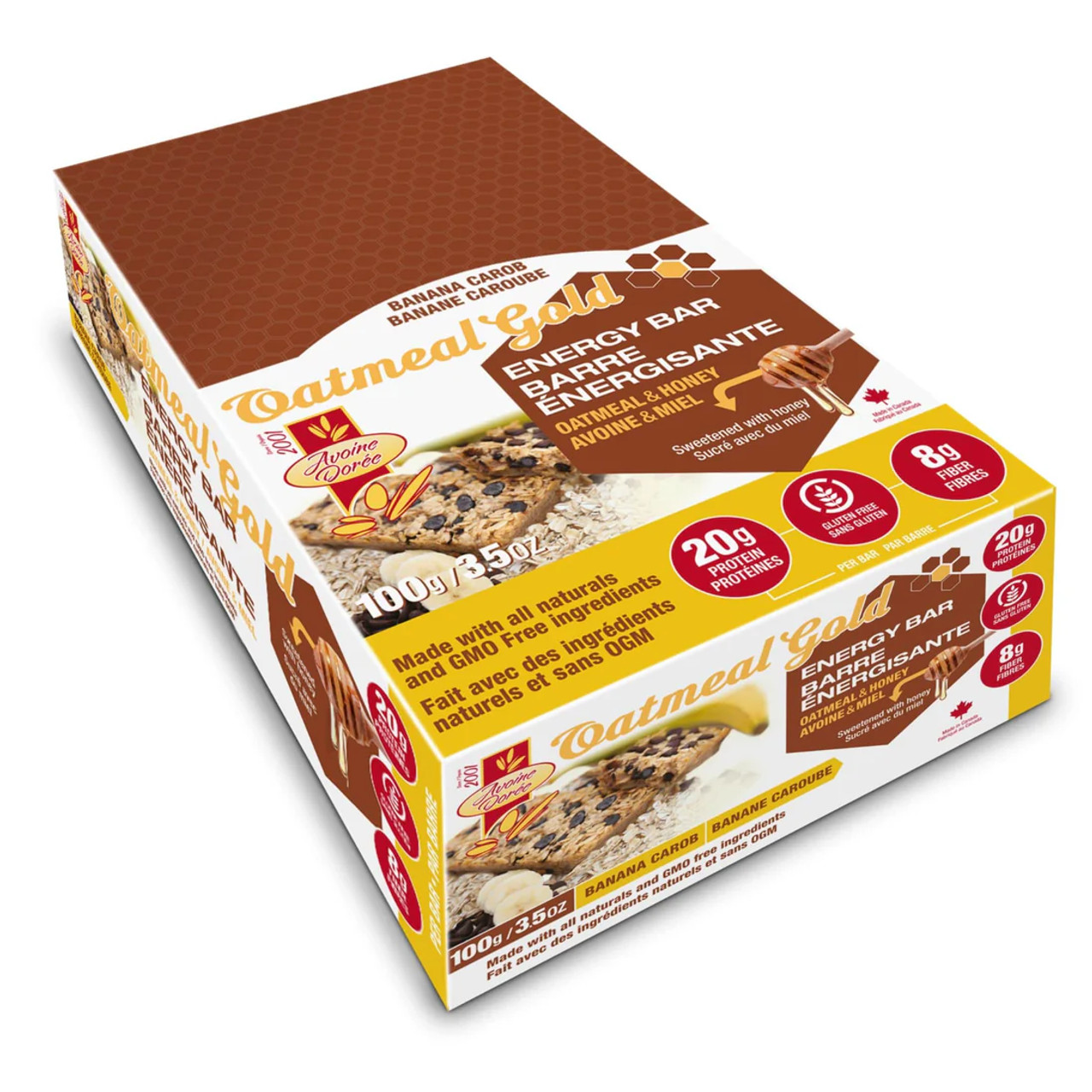 Oatmeal Gold Bar Box of 12, featuring 20g protein, 8g fiber, gluten-free, and 40g whole grain, ideal for fitness enthusiasts seeking convenient nutrition.
