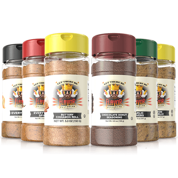 Flavor God spice collection in plastic containers, showcasing unique, filler-free seasonings crafted for healthy, flavorful cooking, available at Sector 6 Supplements.