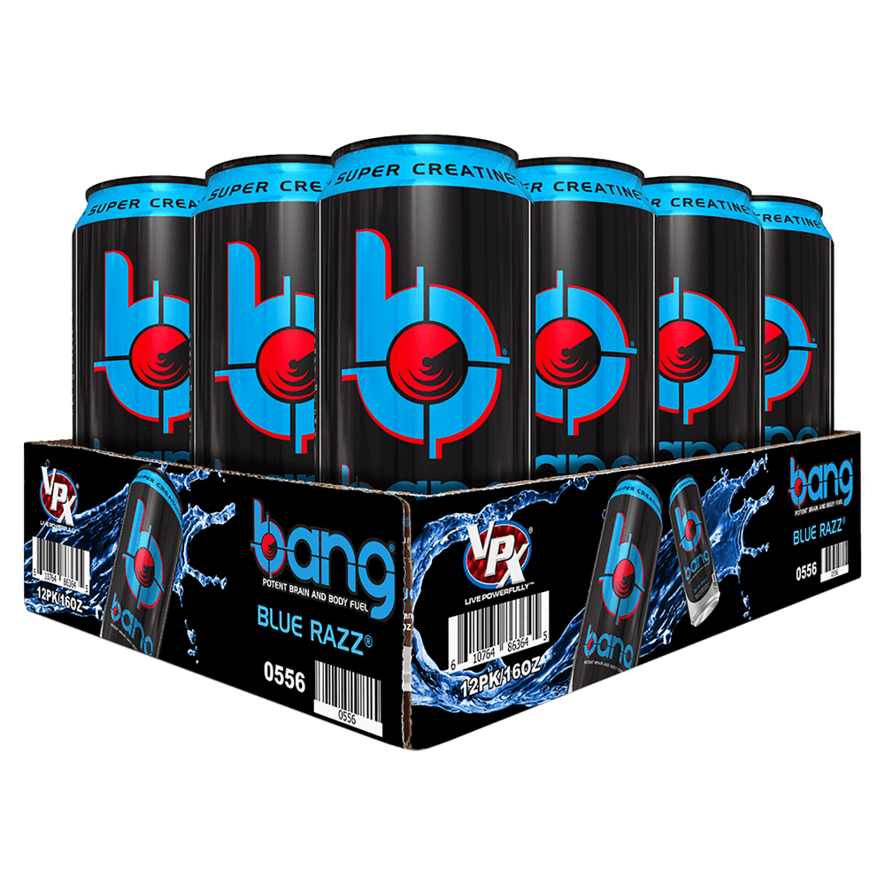 Bang Energy cans featuring blue and red logos, highlighting a sugar-free energy drink with creatine, caffeine, and BCAAs for enhanced physical and mental performance.