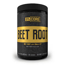 Beet Root 5% Core supplement in a black jar with yellow text, designed to boost workout performance with Beet Root and S7® herb blend.