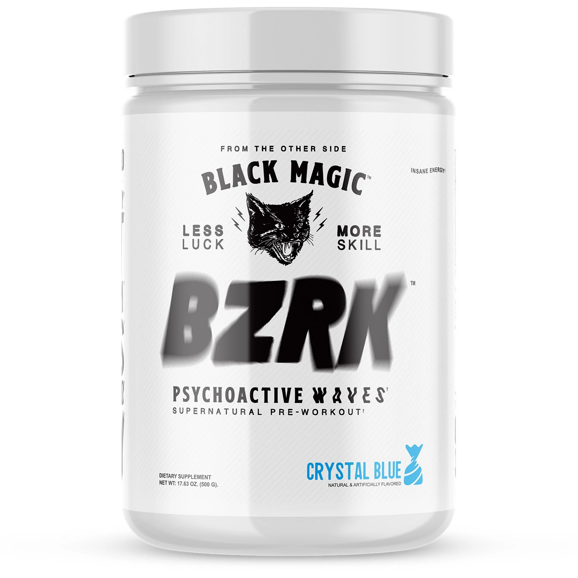 Black Magic BZRK pre-workout bottle featuring a black cat design, promising intense energy and focus for workouts, available at Sector 6 Supplements.
