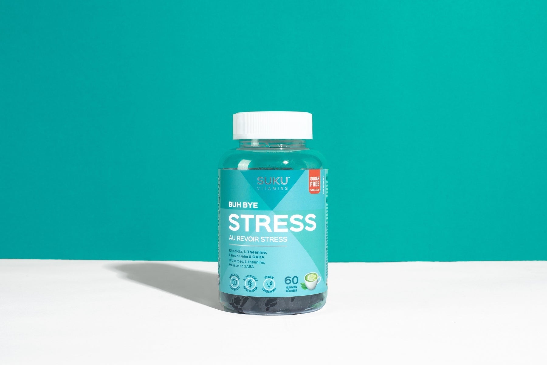 SUKU Buh Bye Stress bottle containing 60 sugar-free gummies designed to relieve stress and anxiety, promoting relaxation and supporting cognitive function.