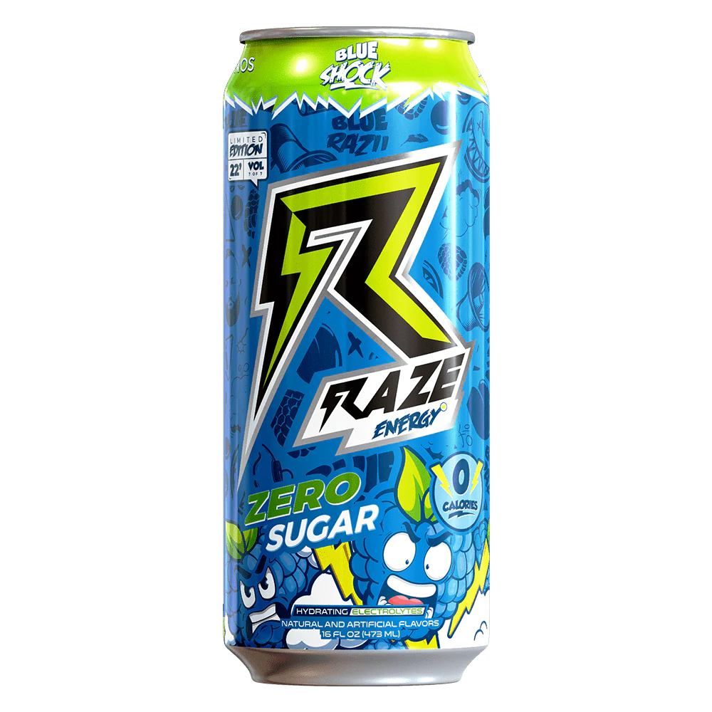 Raze Energy Drink can featuring a cartoon character, designed to enhance workout performance with sustained energy and focus.
