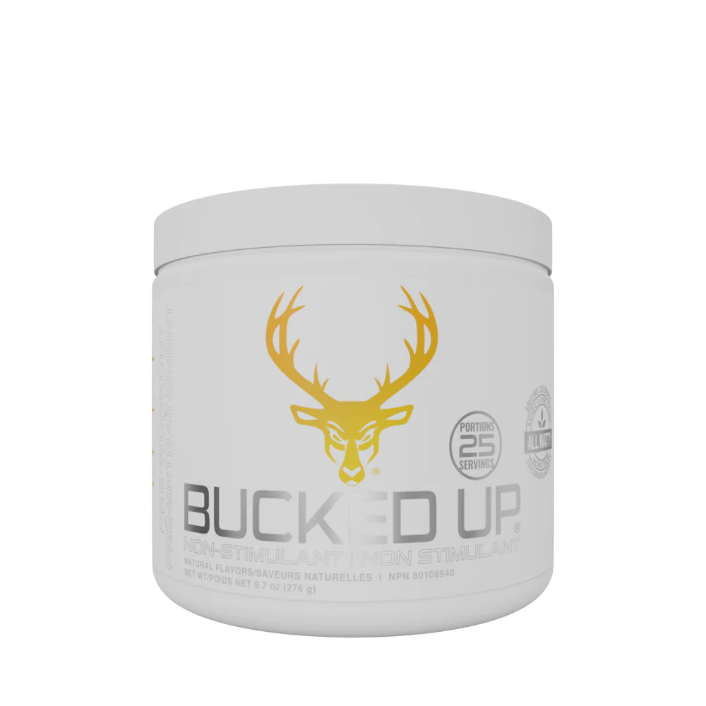 Bucked Up Non Stim Pre-Workout in a white container with a yellow deer head logo, designed for endurance, focus, hydration, and caffeine-free energy.