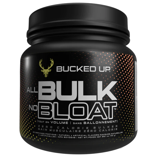 Bucked Up All Bulk No Bloat supplement in a black container with white text and orange dots, designed for lean muscle building.