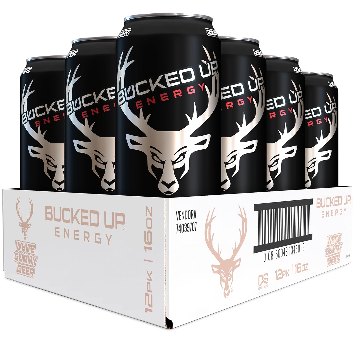 Bucked Up Energy Drink cans in a branded white box, featuring a deer head logo, designed for enhanced energy and focus without the crash.