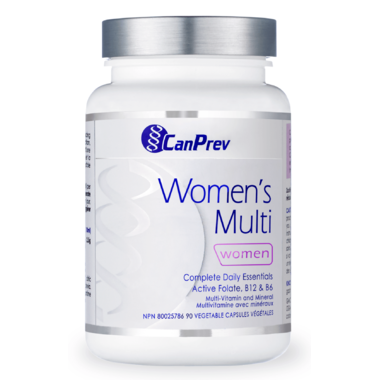 CanPrev Women's Multi 90 Cap bottle with a silver lid and label, designed for women's nutritional needs, displayed alongside its packaging box.