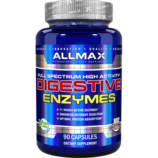 Allmax Digestive Enzymes 90 Cap, a blue bottle with white text label, supports digestion with science-backed enzymes from Sector 6 Supplements, enhancing fitness performance.