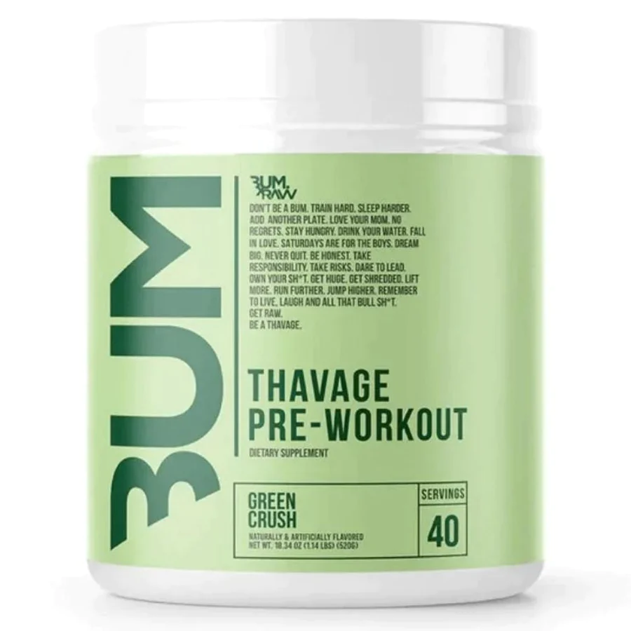 Cbum Thavage Pre Workout container with green label, designed for enhanced performance with ingredients like L-Tyrosine and Beta Alanine, from Sector 6 Supplements.