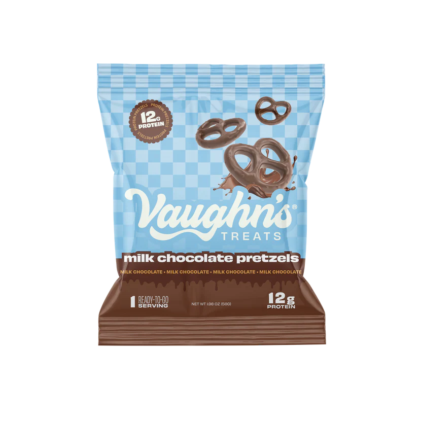 Vaughn's Protein Pretzels: A bag of chocolate-covered pretzels, offering a nostalgic flavor with lean protein, ideal for active families seeking a fun, healthy snack.