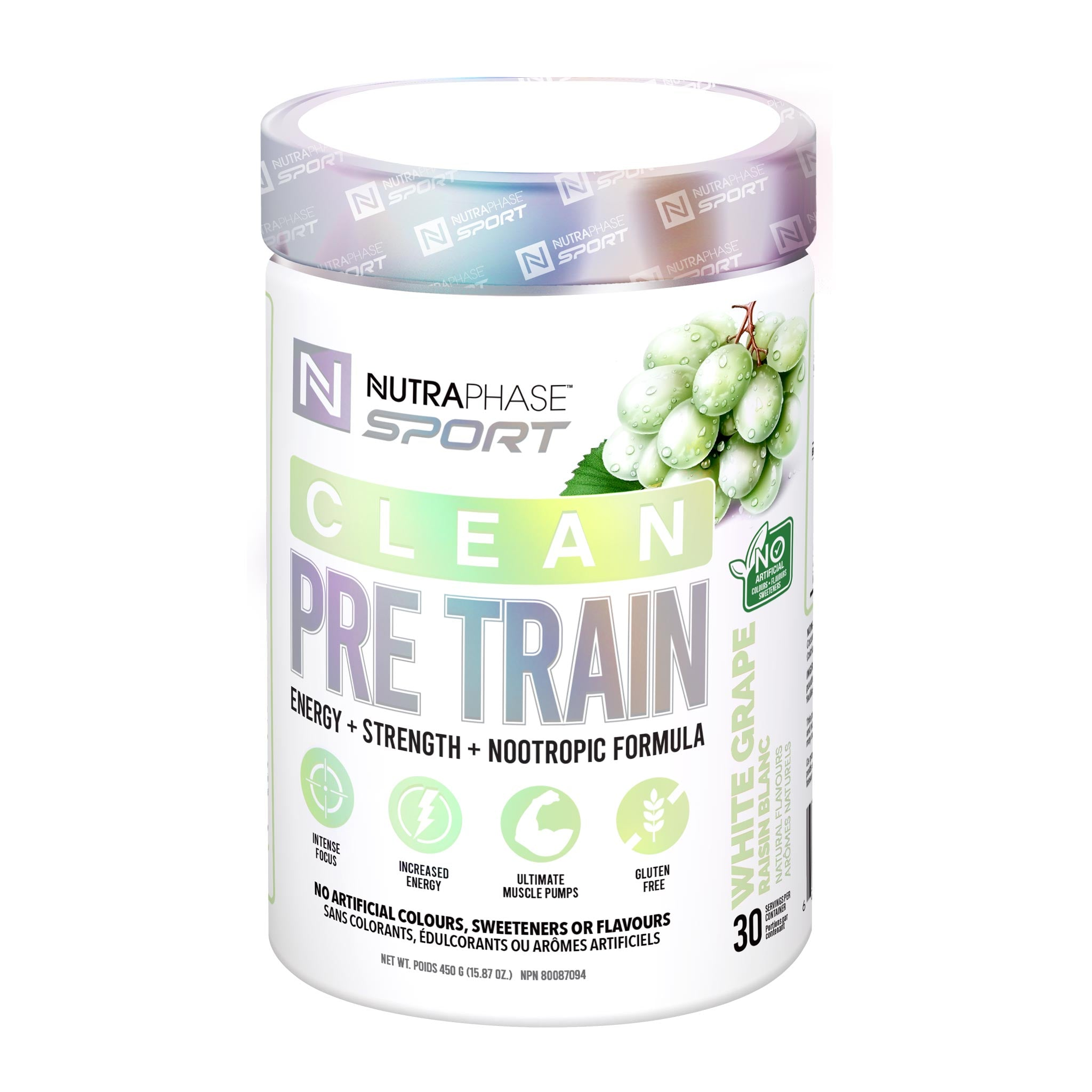 Nutraphase Sport Clean Pre Train in a white container with a label, designed to boost workout energy and focus with clean, gluten-free ingredients.