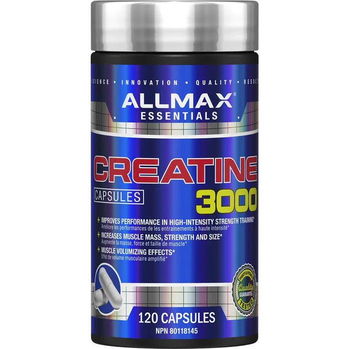Allmax Creatine 3000 - 120 Capsules in a blue and silver bottle with a silver lid, enhancing workout performance and muscle strength.
