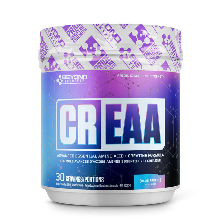Beyond Yourself CrEAA jar with a purple label, featuring creatine and EAAs for enhanced performance and recovery, displayed as part of Sector 6 Supplements' fitness range.