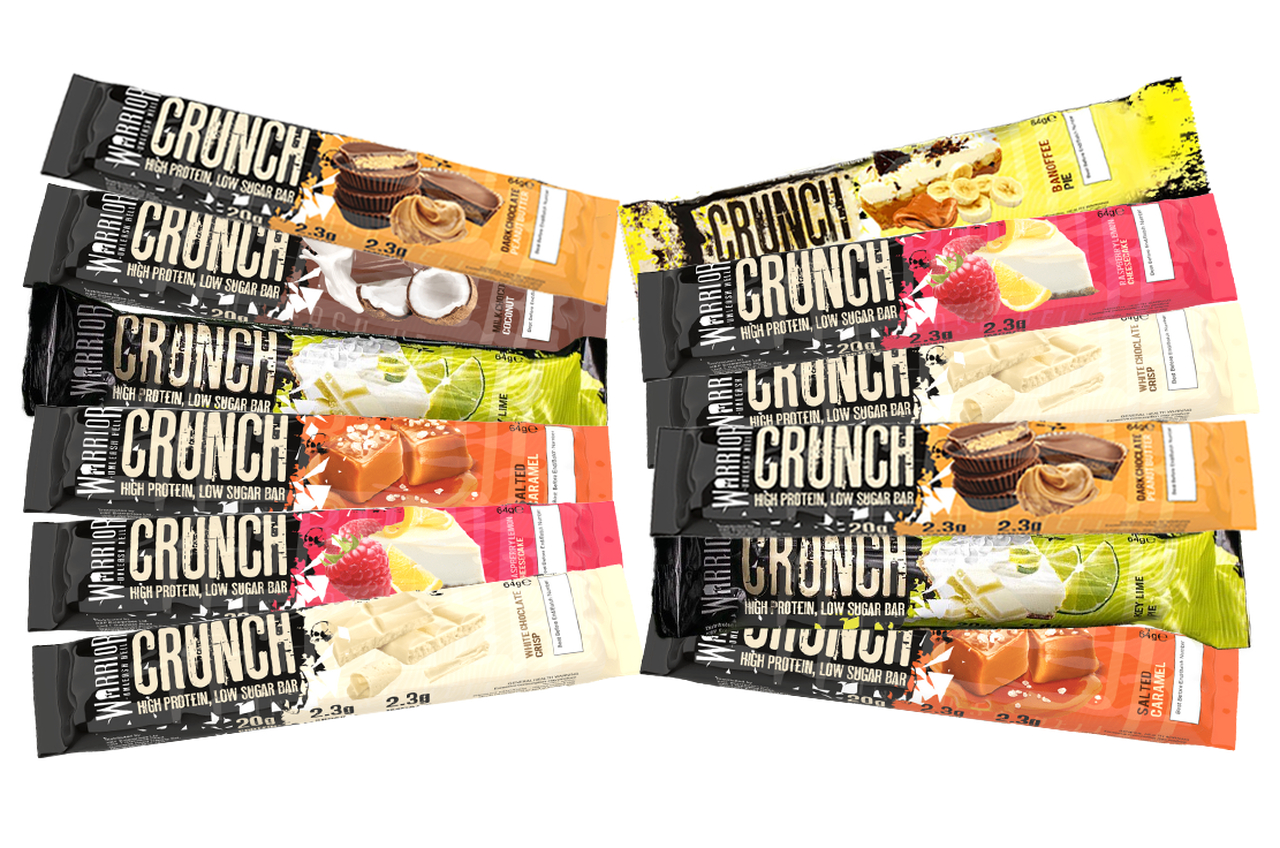 Warrior Crunch Bar, a high-protein, low-carb snack with a chocolate-coated, multi-layered design, ideal for fitness enthusiasts seeking a nutritious, delicious treat.