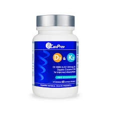 CanPrev D3 + K2 120 Caps, a white bottle with a blue label, offers essential vitamins for bone health and calcium absorption, ideal for fitness enthusiasts.