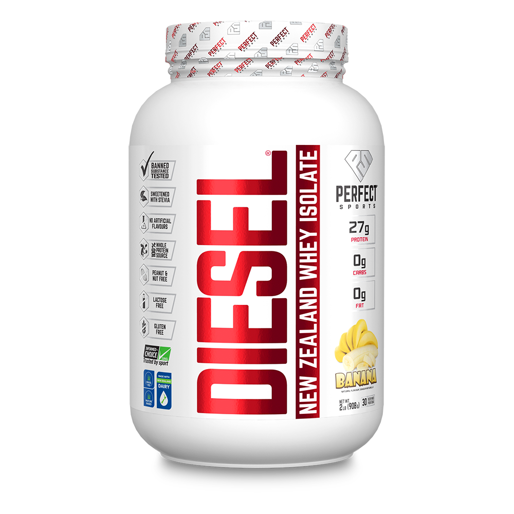 Perfect Sports Diesel 2lb whey protein isolate in a white container with red text, emphasizing fat-free, gluten-free, lactose-free, and naturally sweetened properties.