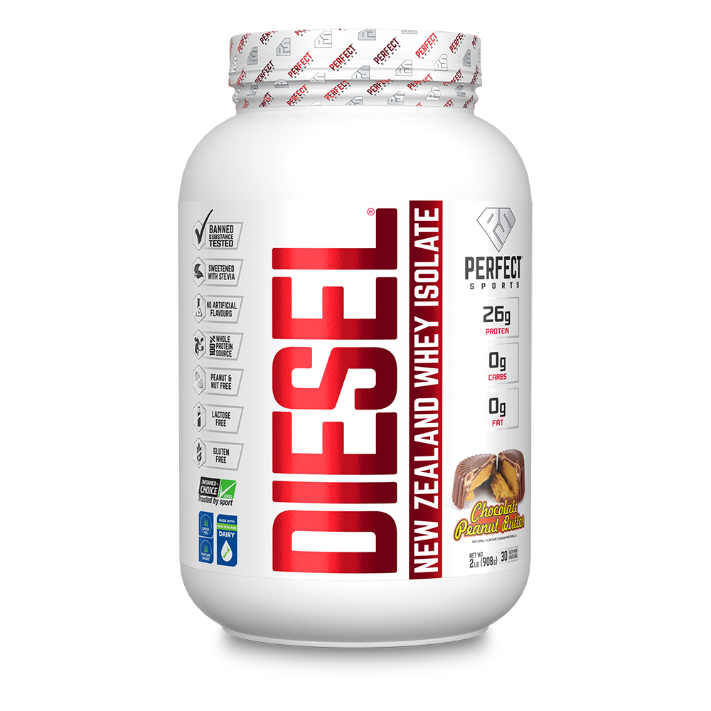 Perfect Sports Diesel 2lb container, prominently featuring red text, is a whey protein isolate, noted for being fat-free, gluten-free, and lactose-free.