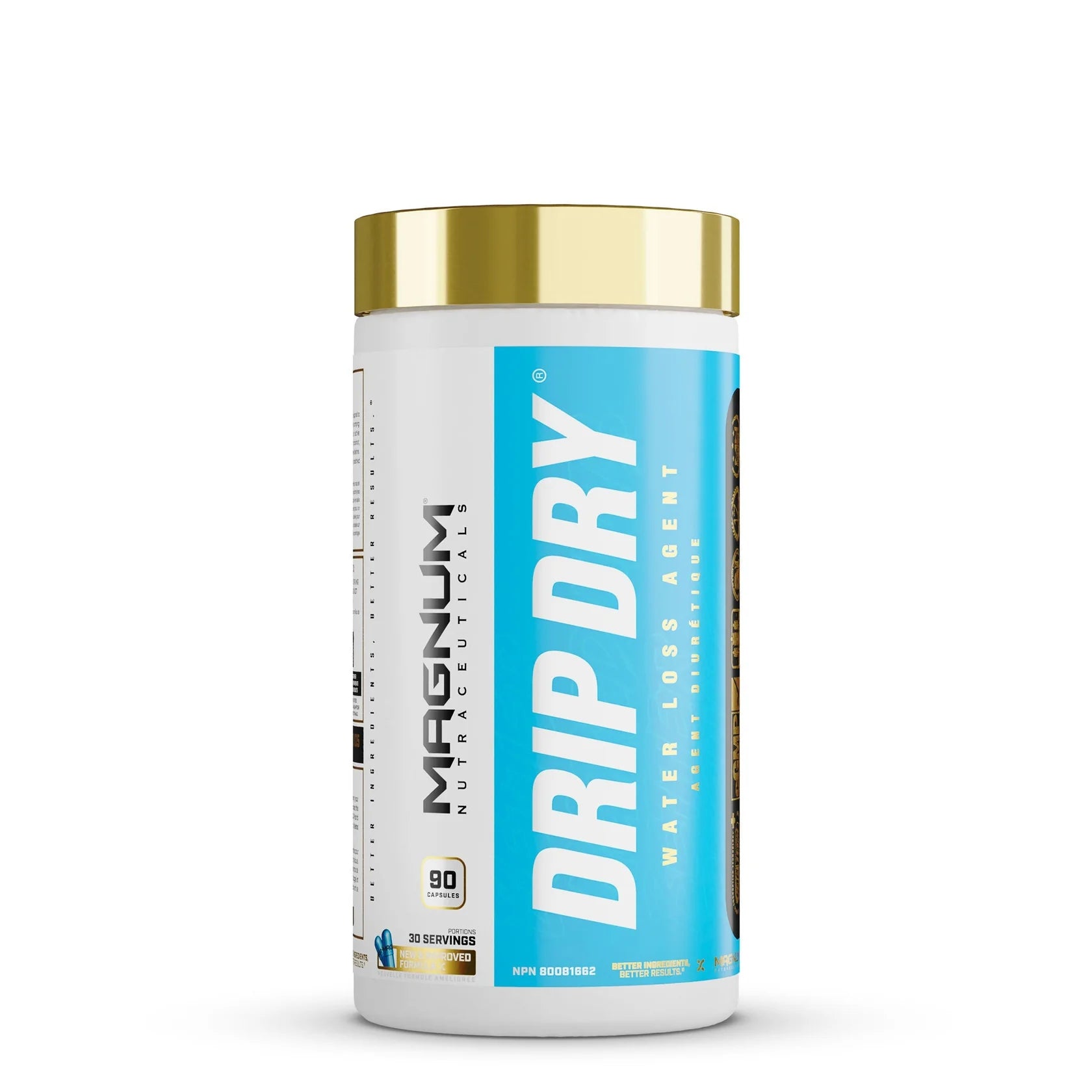 Magnum Drip Dry, a white bottle with a blue label, is an advanced water-loss supplement designed for achieving a lean, defined physique by reducing subcutaneous water.