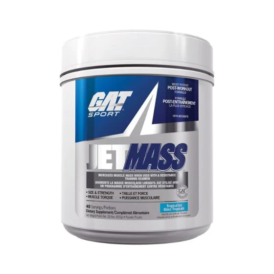 GAT JetMass 40 serv, a white container with blue text, designed to enhance muscle growth, strength, and recovery for athletes seeking performance gains.