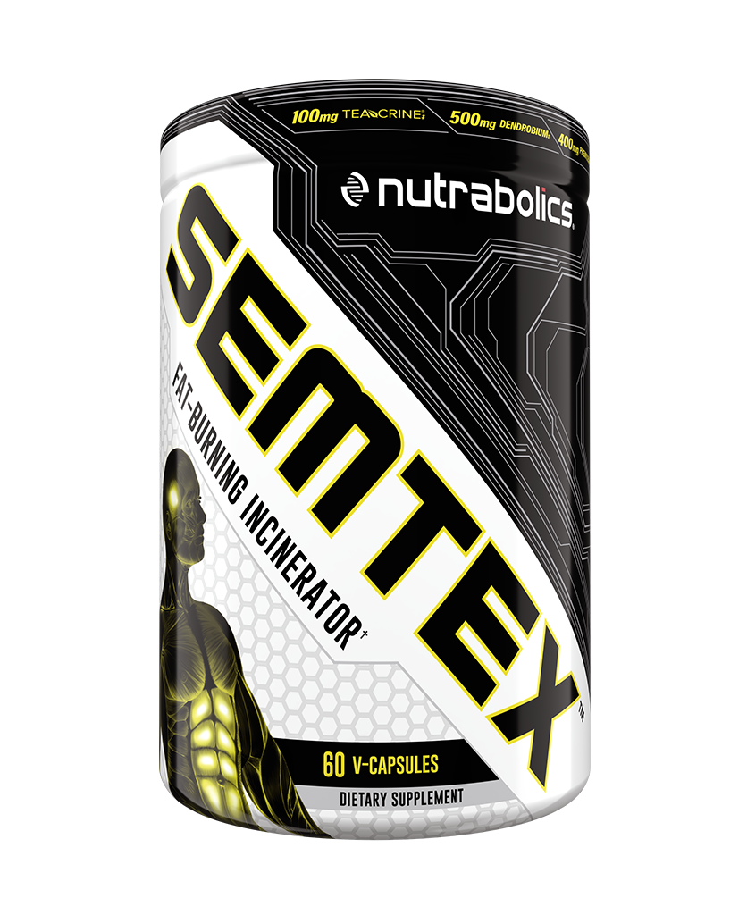 Nutrabolics Semtex 60 Cap sports supplement can, designed for fat burning, featuring Teacrineยฎ for enhanced energy and mood, ideal for fitness enthusiasts.