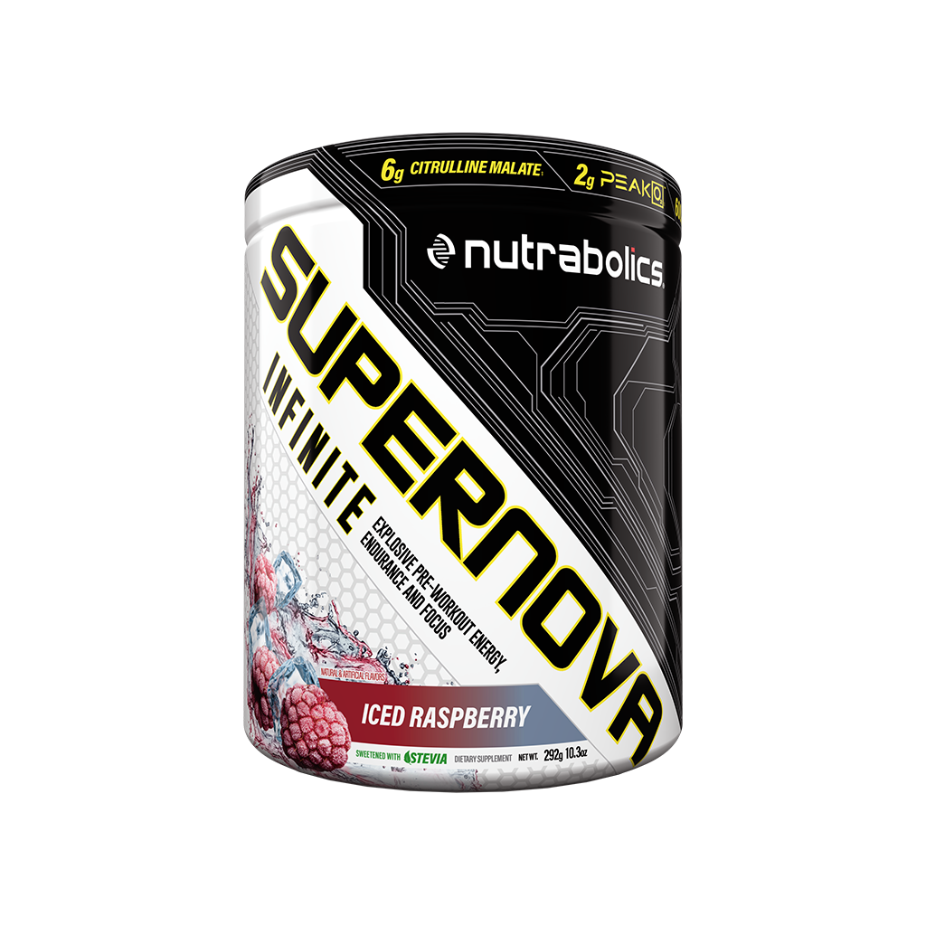 Nutrabolics Supernova pre-workout can, featuring bold text, designed to enhance energy and focus for athletes and fitness enthusiasts.