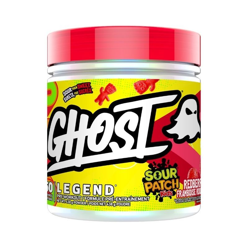 GHOST Legend V2 Pre-Workout 50 servings in a yellow container with red lid, featuring a vegan-friendly formula and full disclosure label for enhanced energy and focus.
