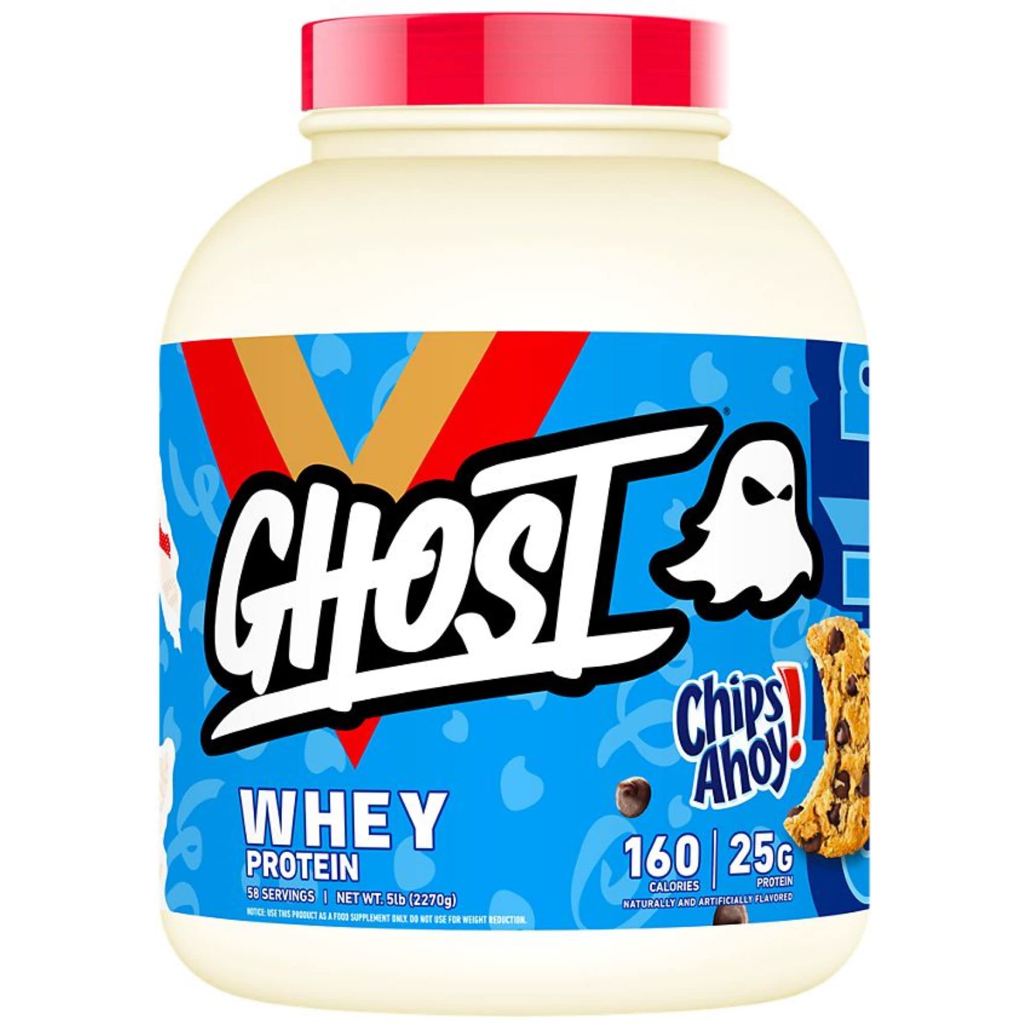 GHOST® Whey 5lb protein jar with blue label, offering 25g protein per scoop, transparent ingredients, soy and gluten-free.