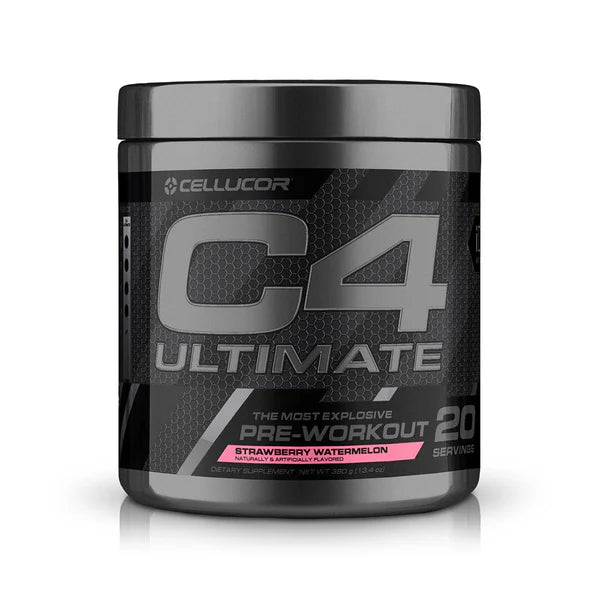 Cellucor C4 Ultimate black container with a white label, featuring advanced energy and performance-enhancing formula for fitness enthusiasts and athletes.