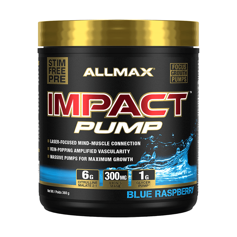 Allmax Impact Pump features a black container with a gold lid, emphasizing stimulant-free performance enhancement and focus for improved workouts.